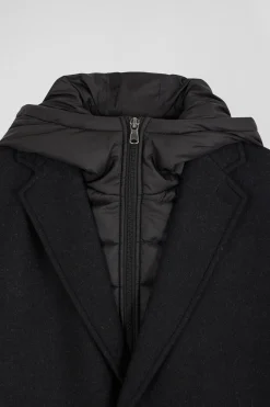 Manteau en jersey de laine double face noir parmenture matelassée