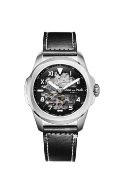 Montre automatique skeleton en cuir noir