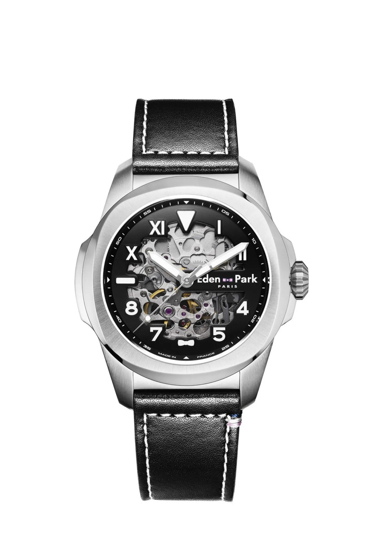 Montre automatique skeleton en cuir noir