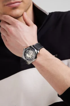 Montre automatique skeleton en cuir noir