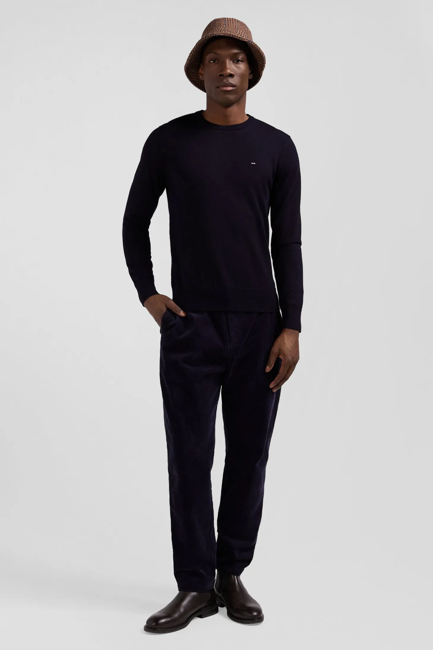 Pantalon à taille élastiquée en coton stretch bleu marine coupe Modern