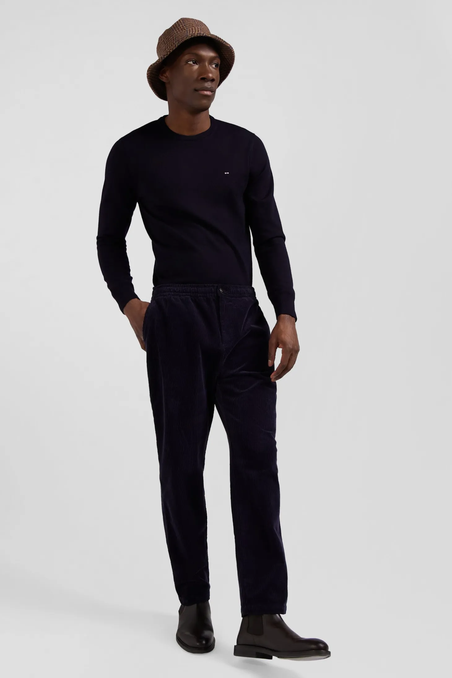 Pantalon à taille élastiquée en coton stretch bleu marine coupe Modern