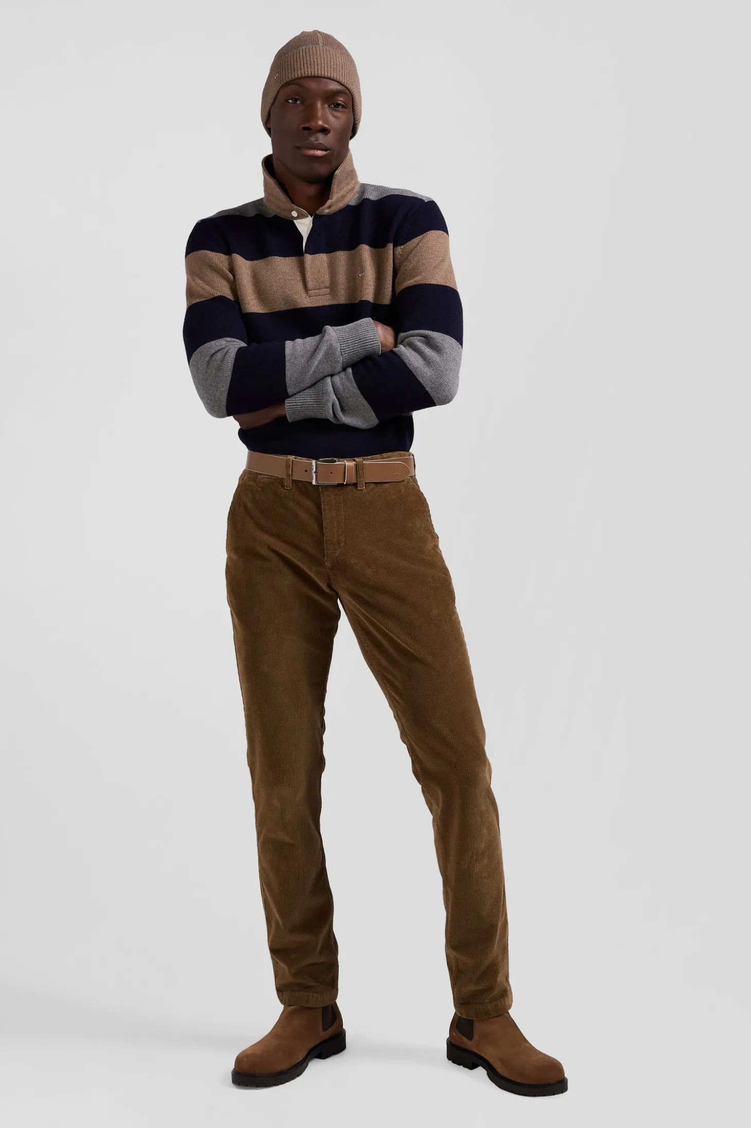 Pantalon chino en coton velours stretch camel coupe Regular