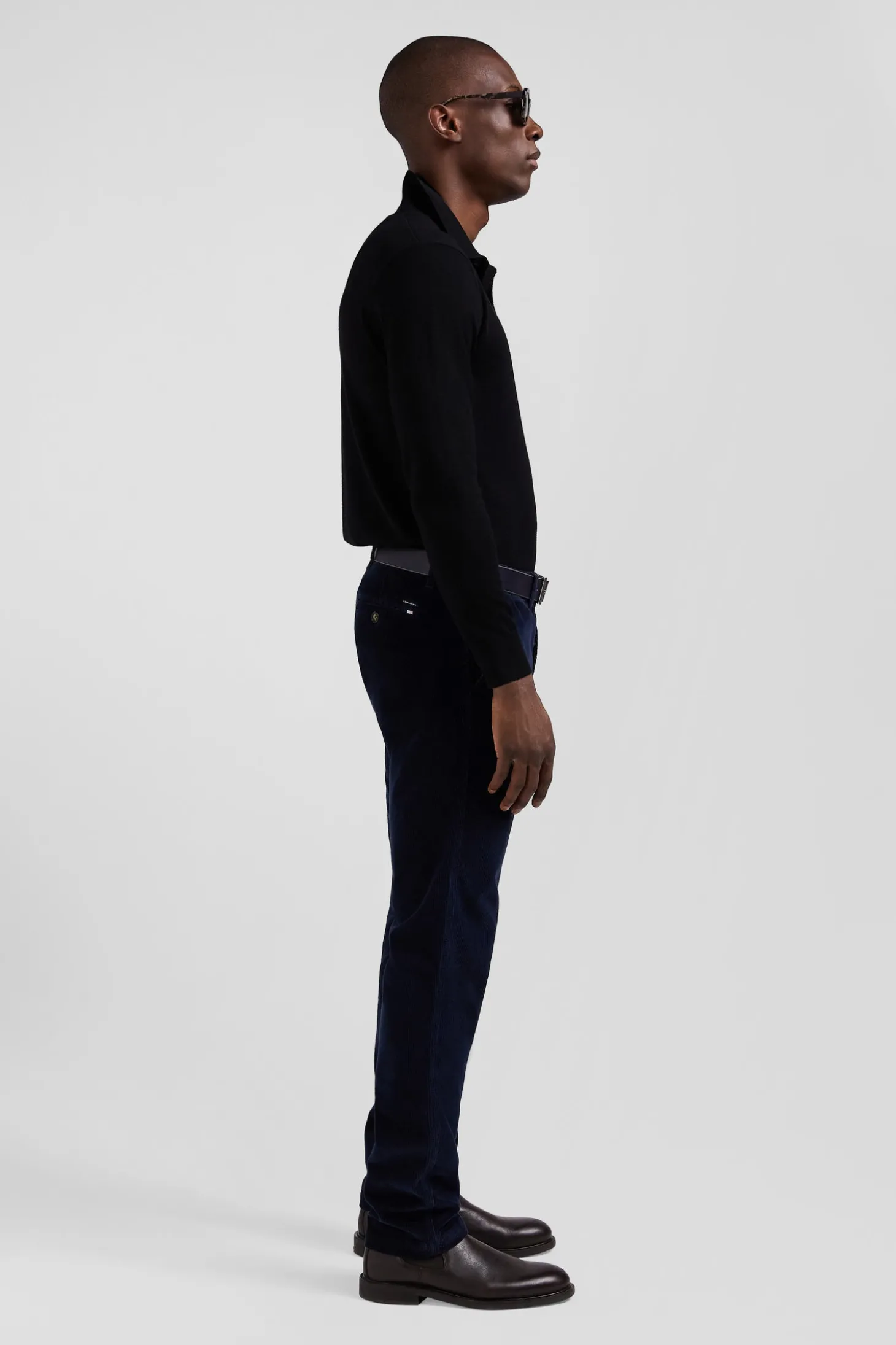 Pantalon chino en coton velours stretch marine coupe Regular