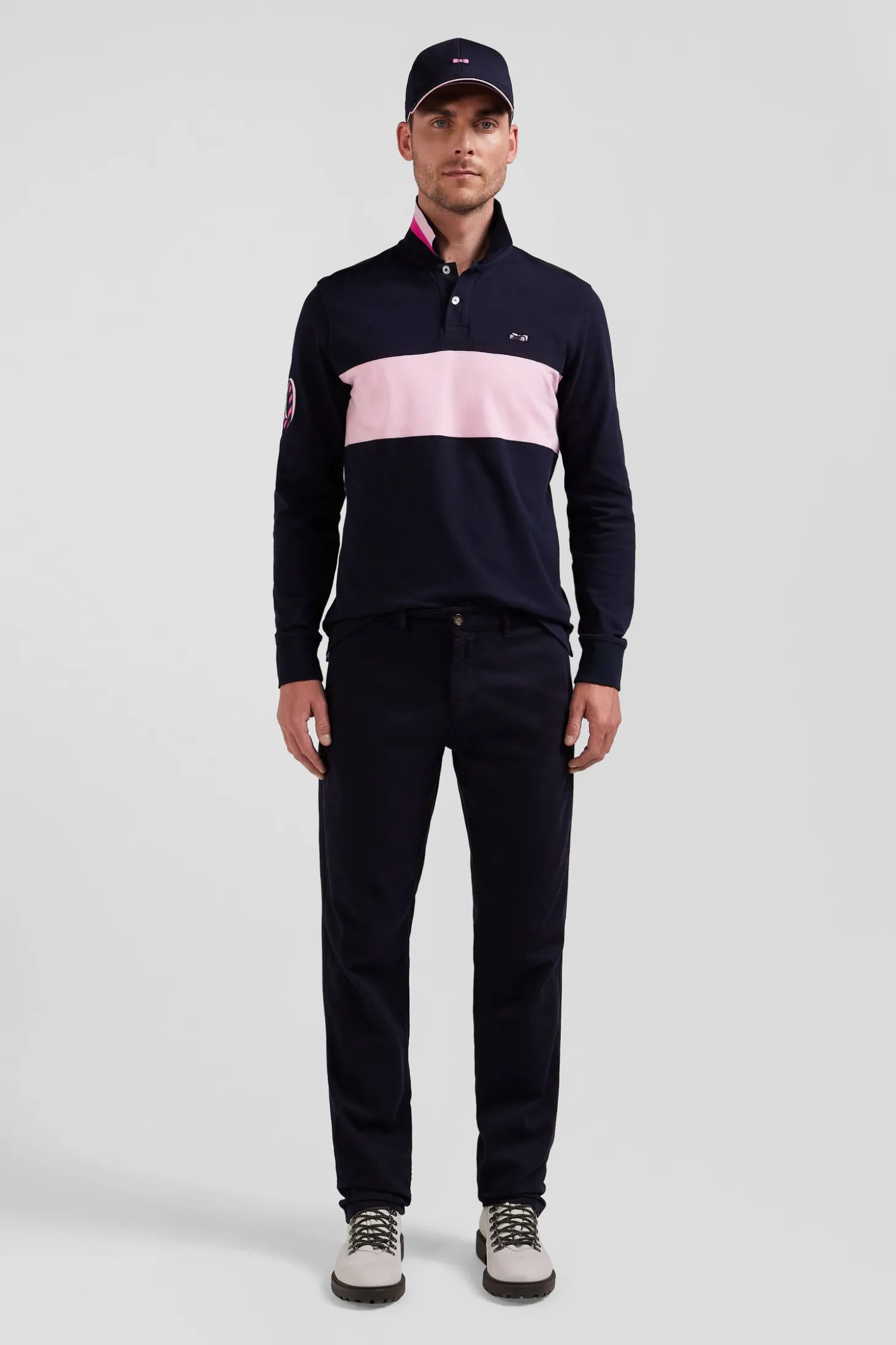 Pantalon chino en piqué de coton stretch et modal marine coupe Regular