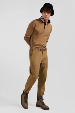 Pantalon chino en piqué de coton stretch et modal beige coupe Regular