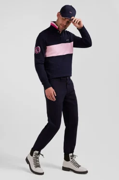 Pantalon chino en piqué de coton stretch et modal marine coupe Regular