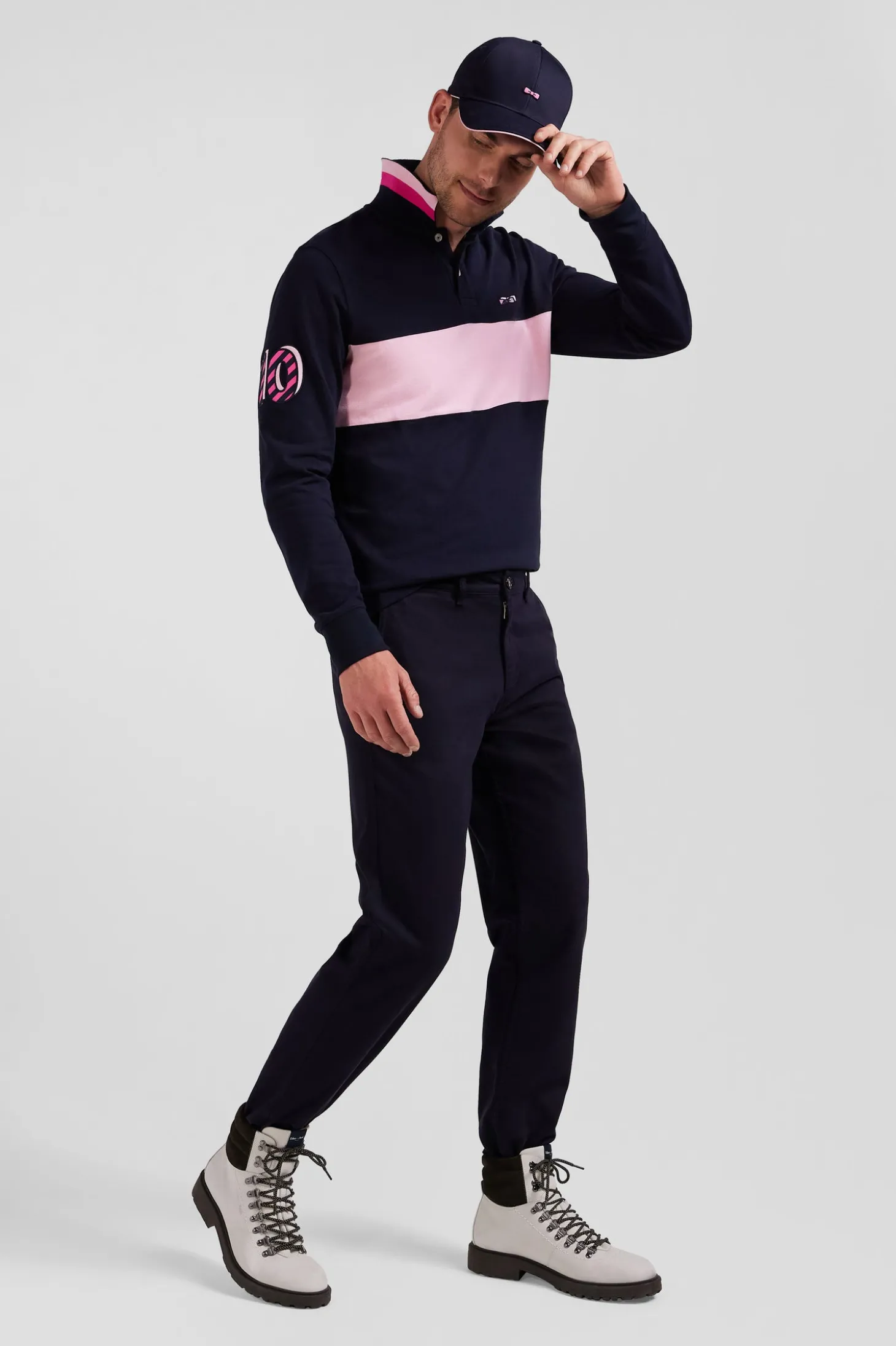 Pantalon chino en piqué de coton stretch et modal marine coupe Regular