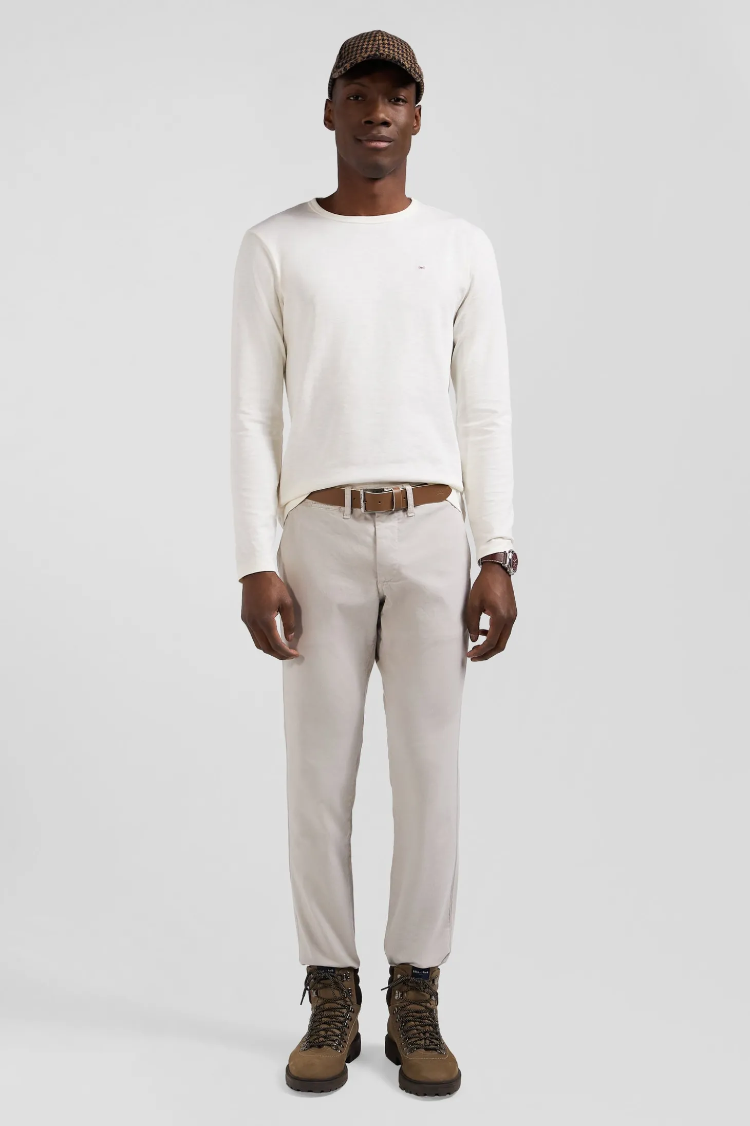 Pantalon chino uni en coton stretch beige coupe Slim
