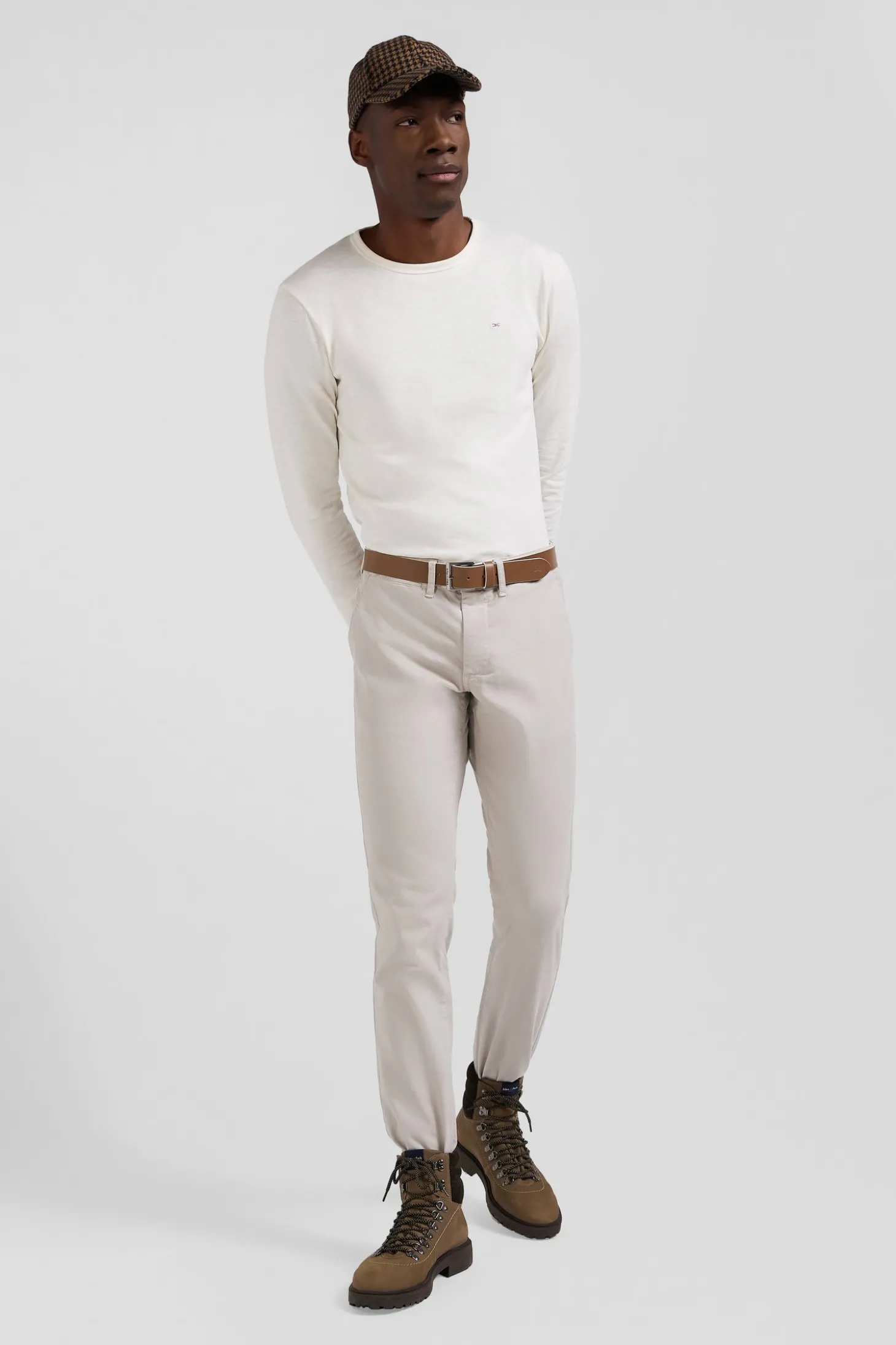 Pantalon chino uni en coton stretch beige coupe Slim