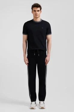 Pantalon jogging en coton mélangé noir coupe Regular passepoil jambes