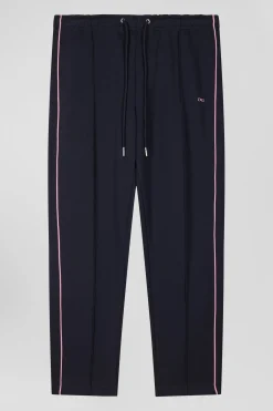 Pantalon jogging en coton mélangé bleu marine coupe Regular passepoil rose