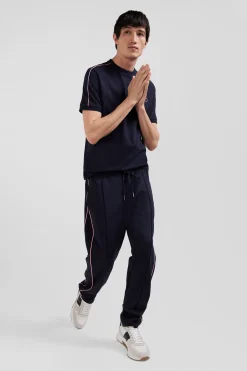 Pantalon jogging en coton mélangé bleu marine coupe Regular passepoil rose
