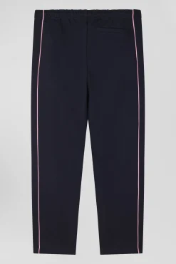Pantalon jogging en coton mélangé bleu marine coupe Regular passepoil rose