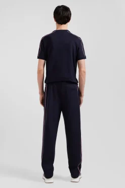 Pantalon jogging en coton mélangé bleu marine coupe Regular passepoil rose