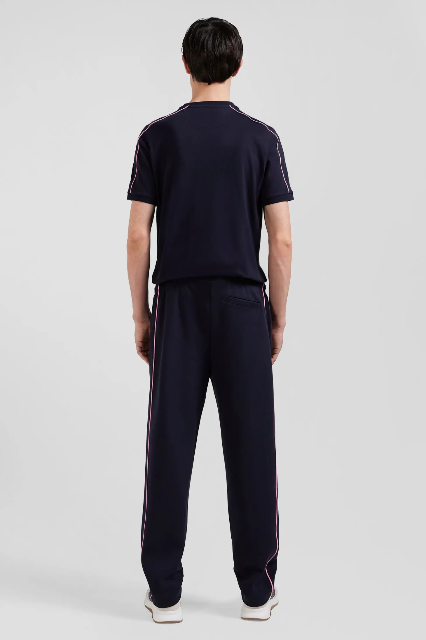 Pantalon jogging en coton mélangé bleu marine coupe Regular passepoil rose