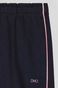 Pantalon jogging en coton mélangé bleu marine coupe Regular passepoil rose
