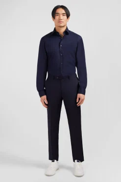 Pantalon regular bleu foncé en laine à plis cassés