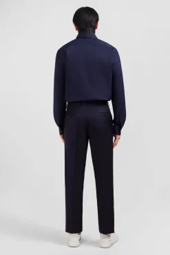 Pantalon regular bleu foncé en laine à plis cassés