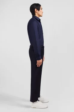 Pantalon regular bleu foncé en laine à plis cassés
