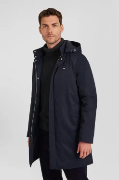 Parka à capuche amovible en nylon bleu marine
