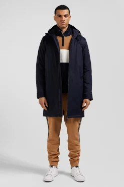 Parka longue à capuche en nylon bleu marine