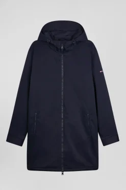 Parka longue à capuche en nylon bleu marine