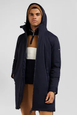 Parka longue à capuche en nylon bleu marine