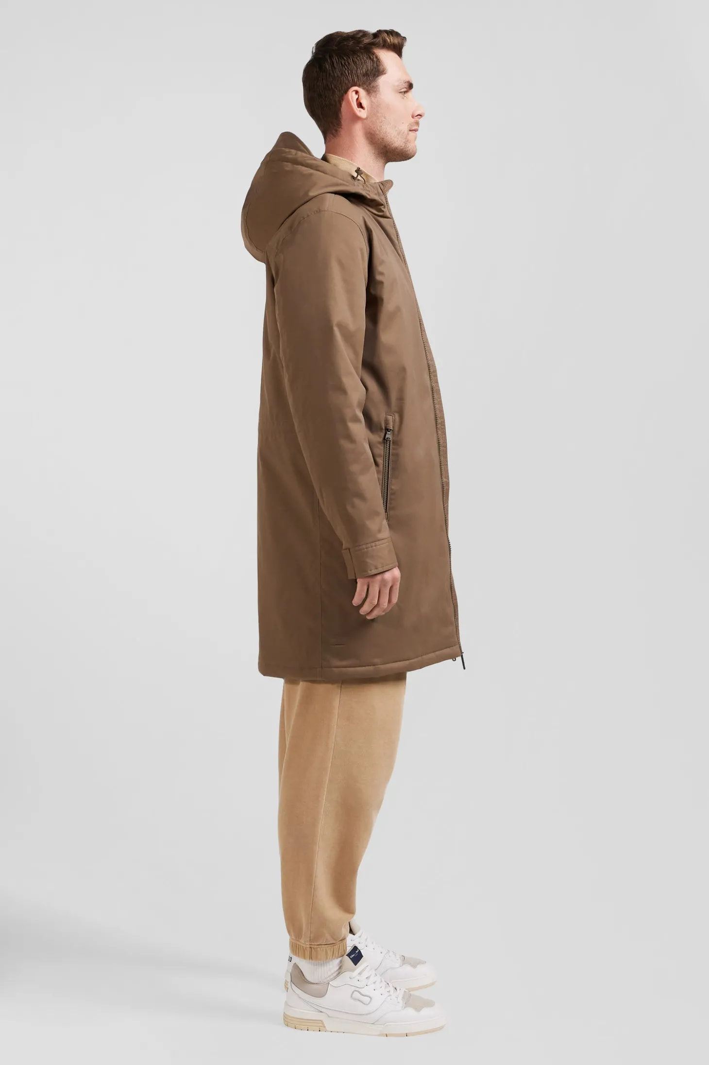 Parka longue à capuche en nylon marron