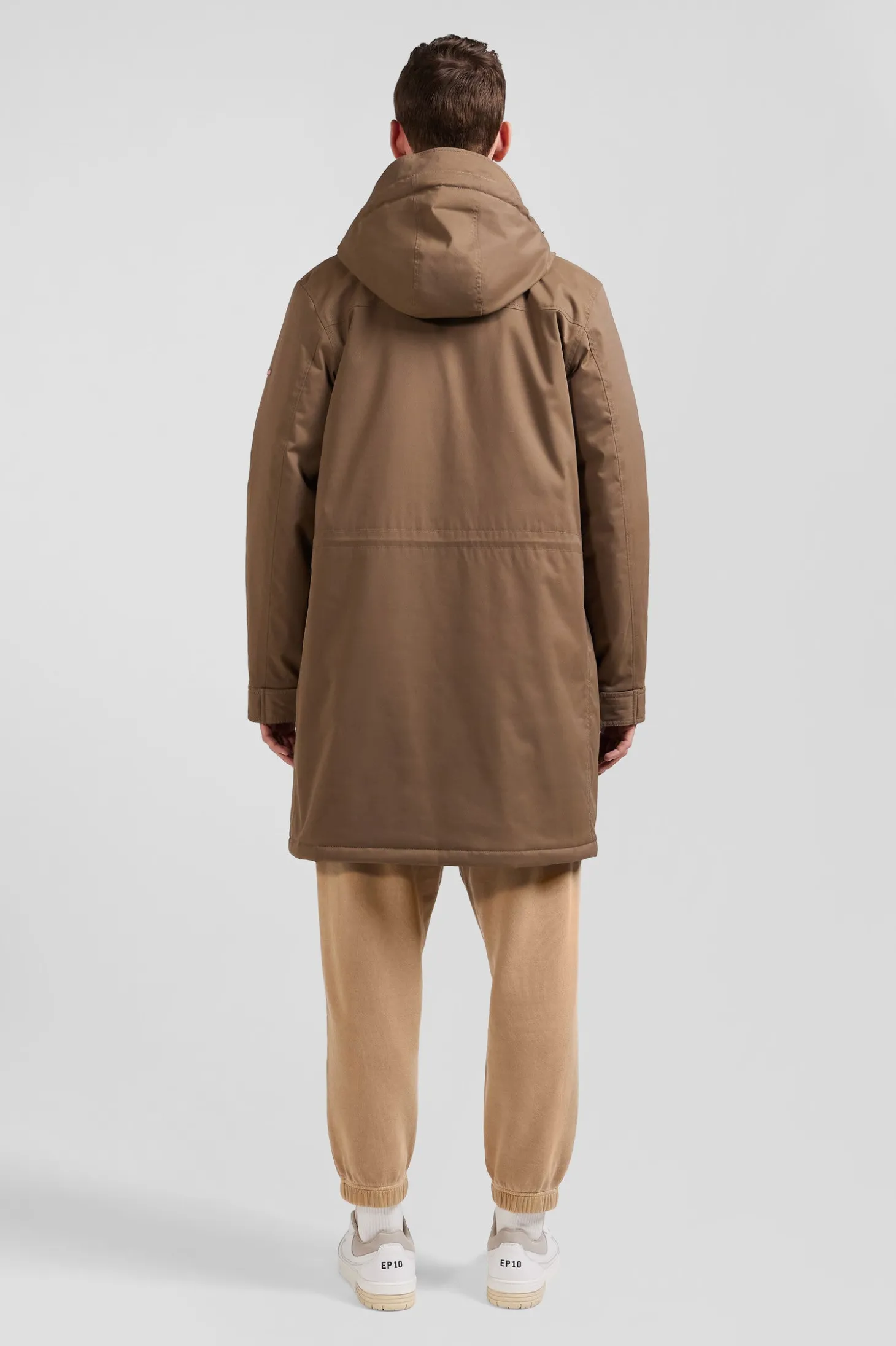 Parka longue à capuche en nylon marron