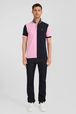 Polo manches courtes bicolore en piqué coton bleu marine et rose coupe Regular