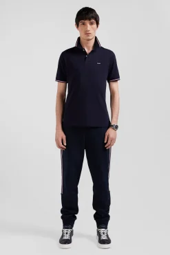 Polo manches courtes en coton stretch bleu marine col jacquard Eden Park coupe Slim