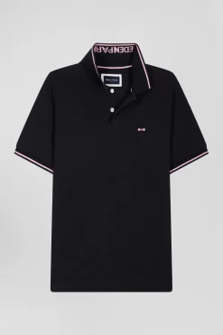 Polo manches courtes en coton stretch bleu marine col jacquard Eden Park coupe Slim
