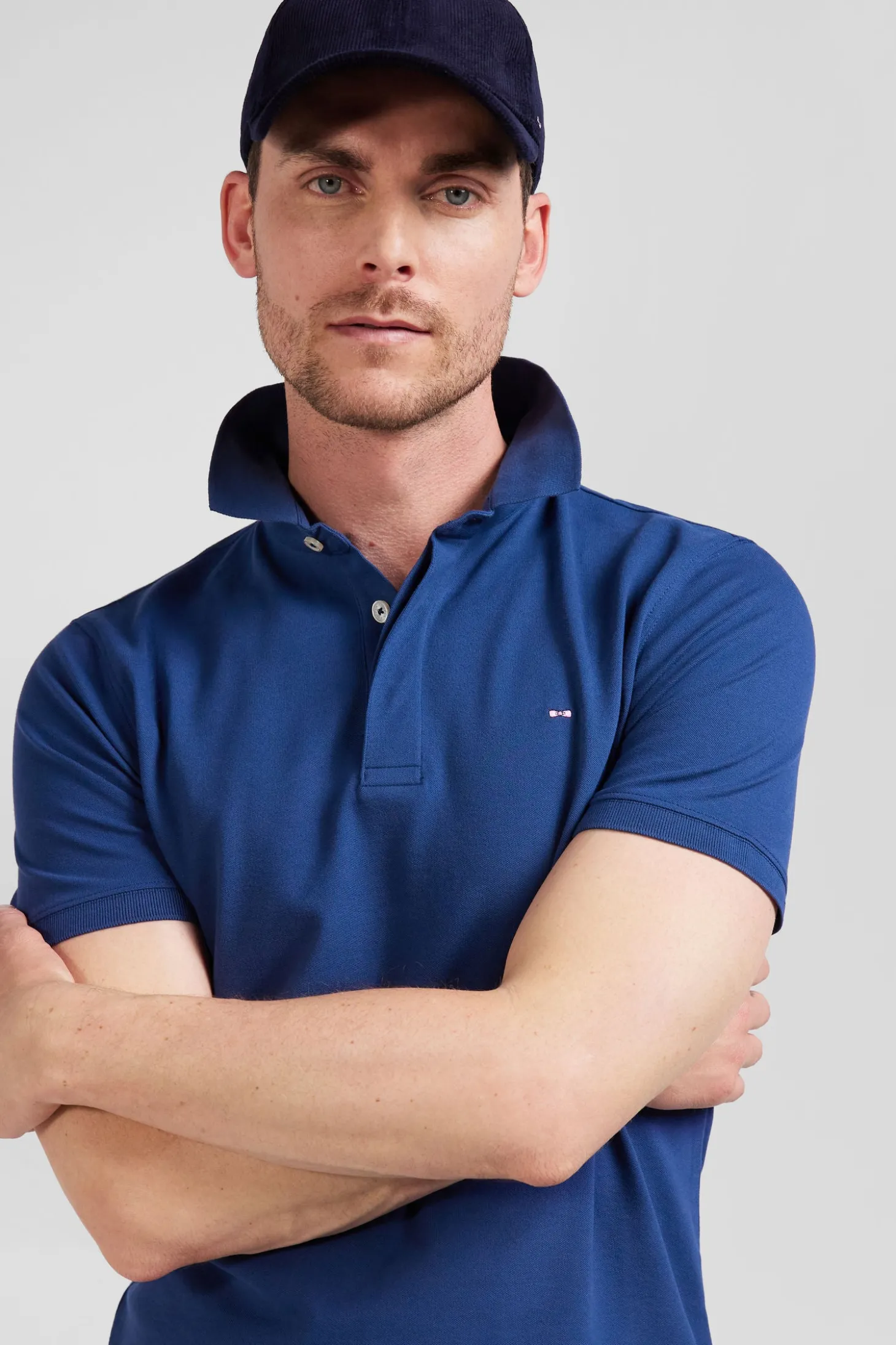 Polo manches courtes en coton stretch bleu foncé coupe Slim