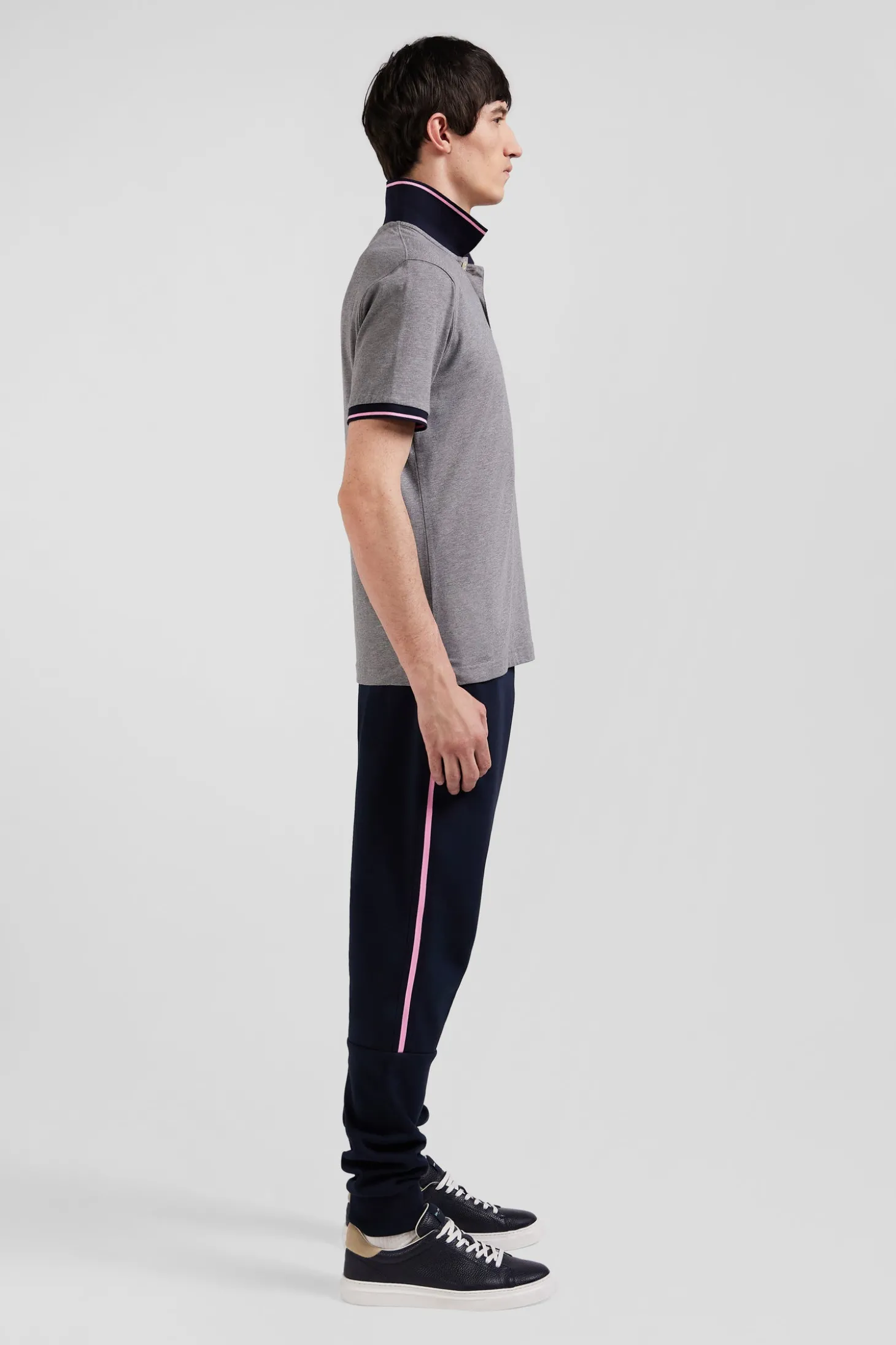 Polo manches courtes en coton stretch gris col jacquard Eden Park coupe Slim