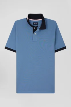 Polo manches courtes en piqué coton ciel détails contrastés coupe Regular