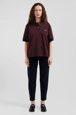 Polo manches courtes en piqué coton bordeaux col tricolore coupe Oversized