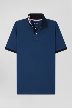 Polo manches courtes en piqué coton bleu détails contrastés coupe Regular