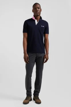 Polo manches courtes en piqué coton bleu marine broderie cerclée coupe Regular
