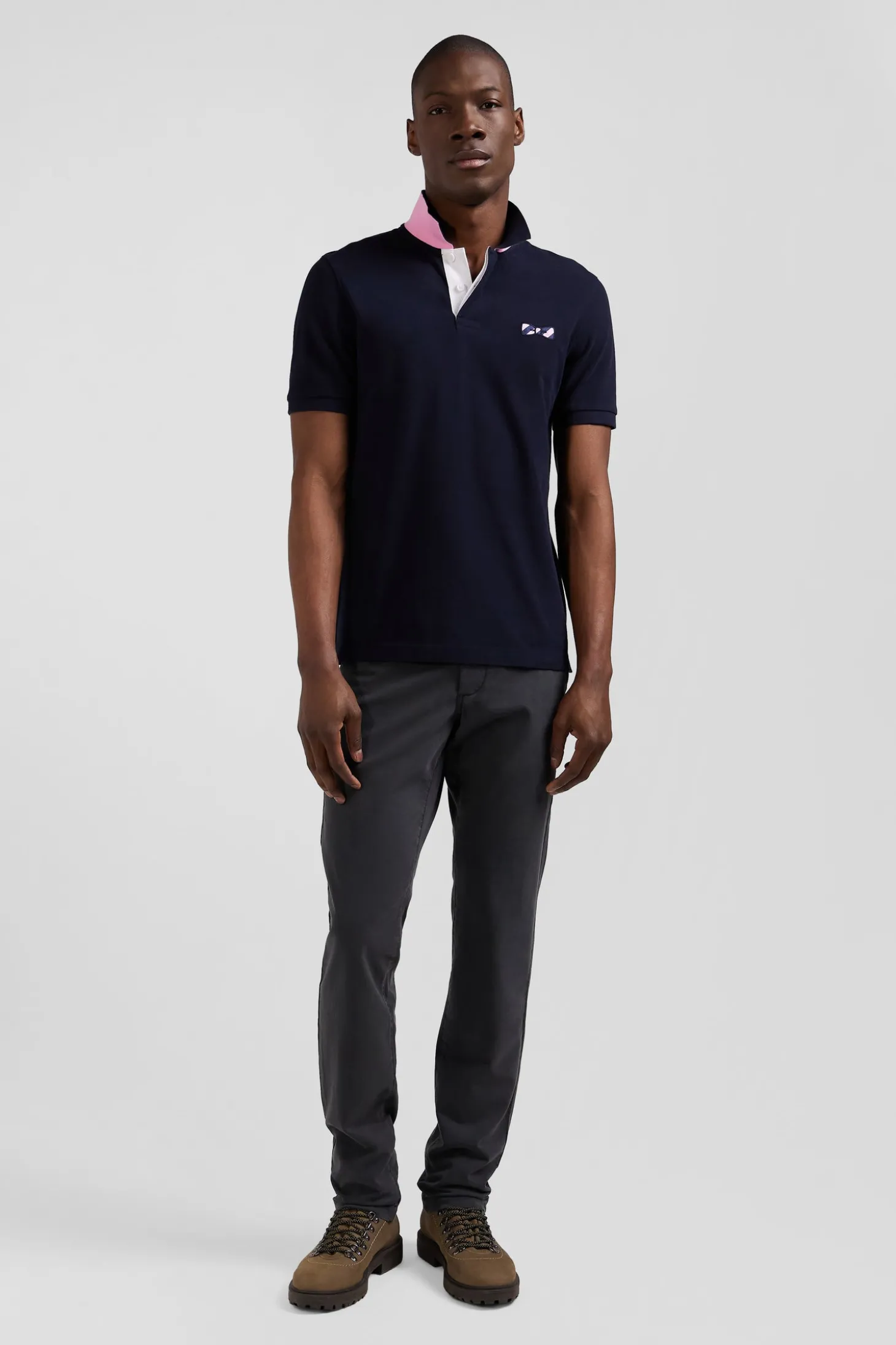 Polo manches courtes en piqué coton bleu marine broderie cerclée coupe Regular