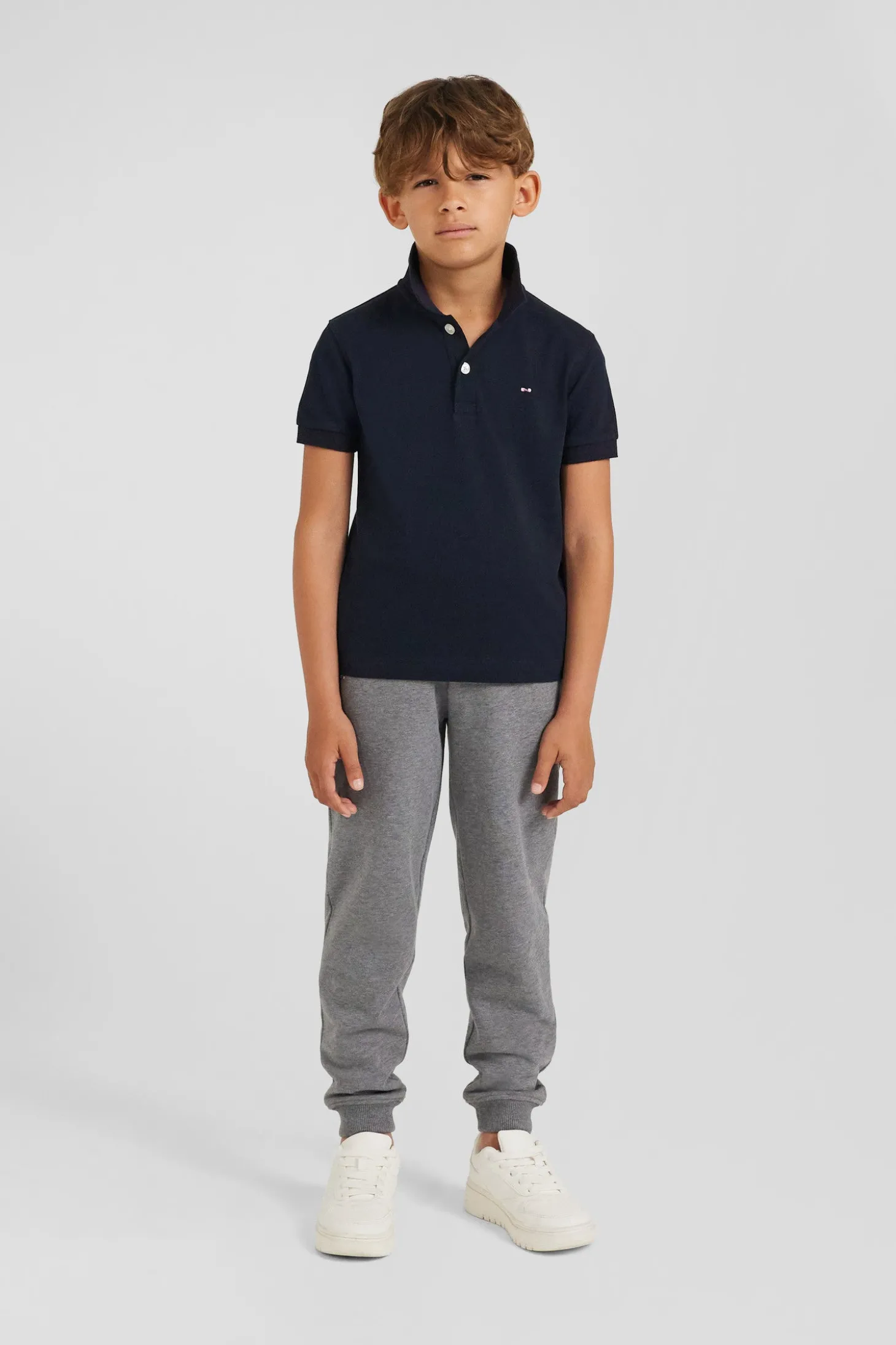 Polo manches courtes en piqué coton bleu marine col jacquard coupe Regular