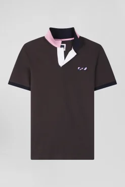 Polo manches courtes en piqué coton marron broderie cerclée coupe Regular