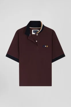 Polo manches courtes en piqué coton bordeaux col tricolore coupe Oversized