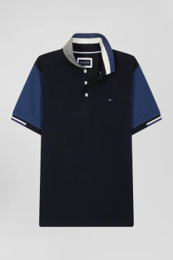 Polo manches courtes en piqué coton bleu marine col jacquard Eden Park coupe Regular