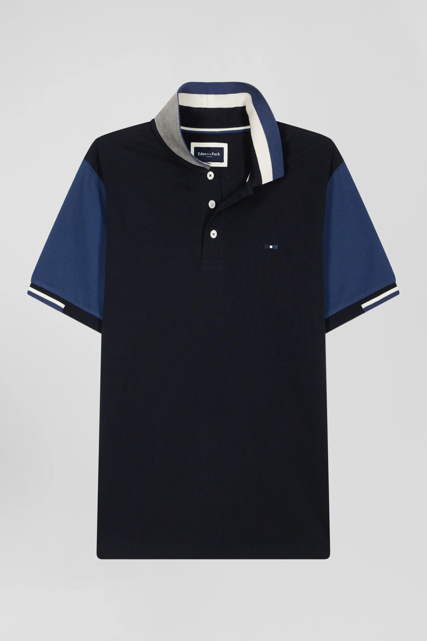 Polo manches courtes en piqué coton bleu marine col jacquard Eden Park coupe Regular