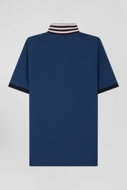Polo manches courtes en piqué coton bleu détails contrastés coupe Regular