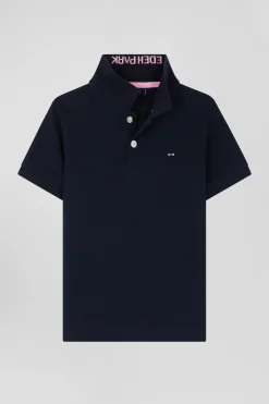 Polo manches courtes en piqué coton bleu marine col jacquard coupe Regular