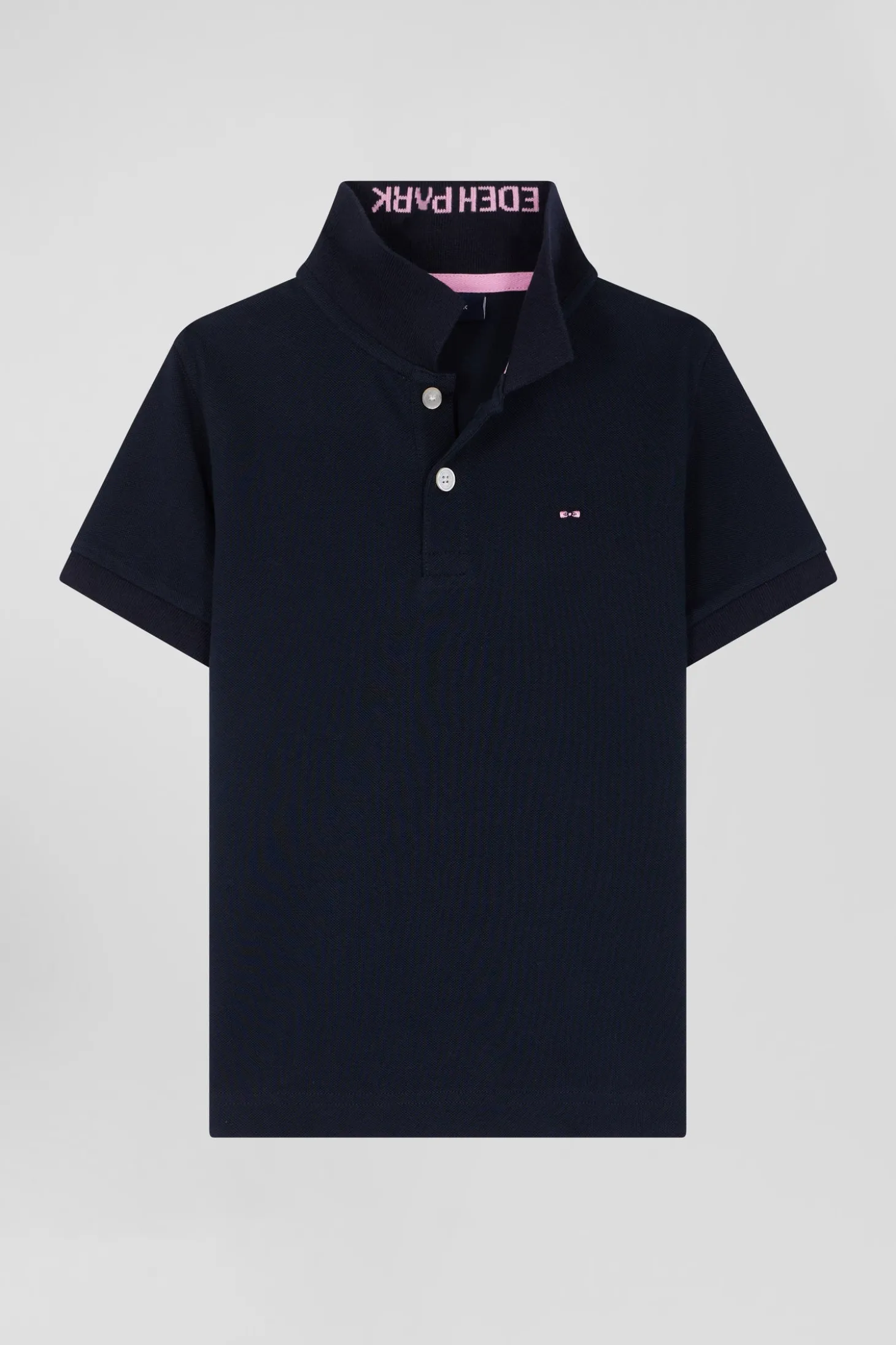 Polo manches courtes en piqué coton bleu marine col jacquard coupe Regular