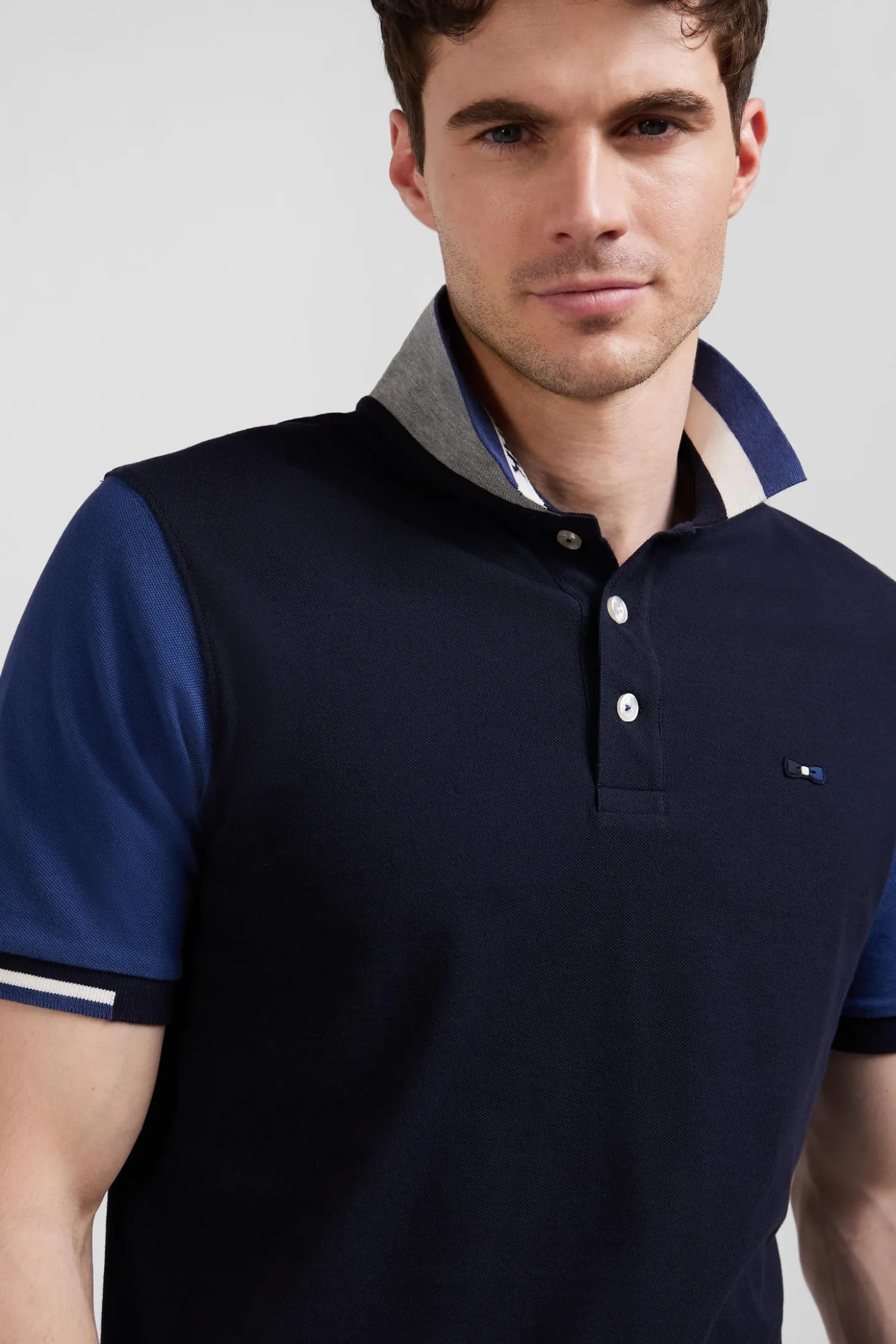 Polo manches courtes en piqué coton bleu marine col jacquard Eden Park coupe Regular