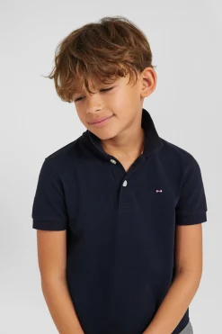 Polo manches courtes en piqué coton bleu marine col jacquard coupe Regular